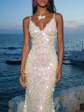 Multicolor Iridescent  Party Sequin Lace V-Neck Backless Women's Maxi Dress